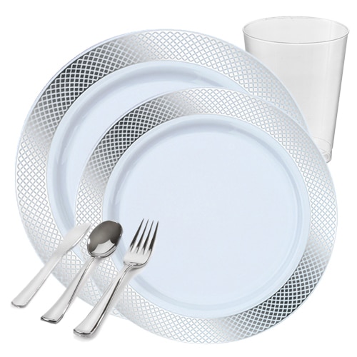 Crystal White with Silver Plastic Tableware Package - FREE SHIPPING Crystal White with Silver Plastic Tableware Package - FREE SHIPPING