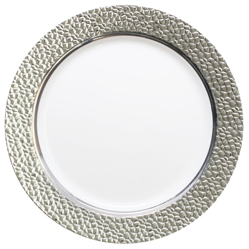10.25" Clear Elegant Plastic Dinner Plate with Hammered Silver Trim - Posh Party Supplies 10.25" Clear Elegant Plastic Dinner Plate with Hammered Silver Trim - Posh Party Supplies