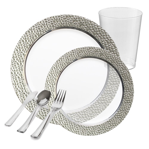 Clear with Silver Hammered Trim Plastic Tableware Package - FREE SHIPPING Clear with Silver Hammered Trim Plastic Tableware Package - FREE SHIPPING