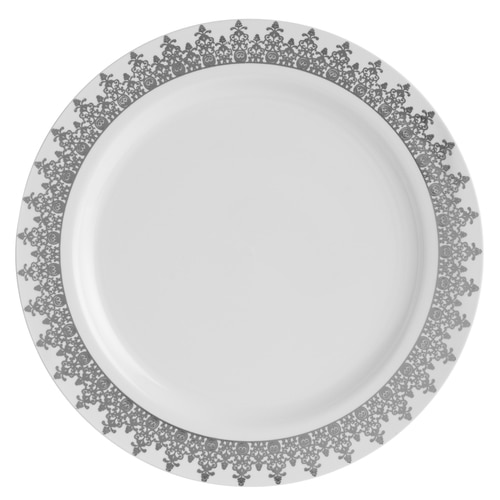 Elegant Plastic White With Silver Ornament Designer 10.25" Dinner Plate - Posh Party Supplies Elegant Plastic White With Silver Ornament Designer 10.25" Dinner Plate - Posh Party Supplies