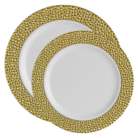 White with Gold Hammered Rim Plastic Plate Set White with Gold Hammered Rim Plastic Plate Set