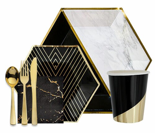 noir black with gold stripes party package