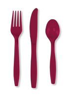 Disposable Burgundy 96 Plastic Spoons, 96 Plastic Forks and 96 Plastic Knives - Posh Party Supplies