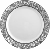 Elegant White Plastic 9 " Dinner Plate with Silver Trim - Posh Party Supplies