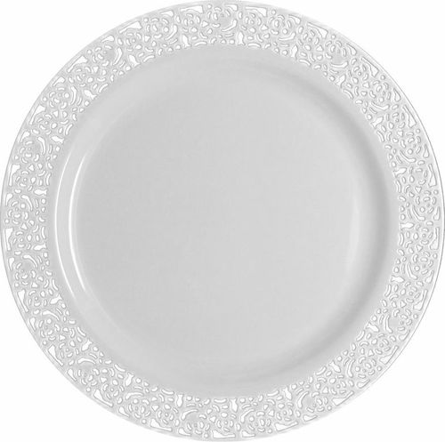 Elegant White Plastic 7 " Salad Plate with White Trim - Posh Party Supplies