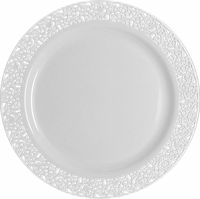 Elegant White Plastic 7 " Salad Plate with White Trim - Posh Party Supplies