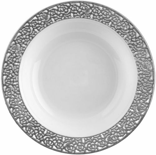 Elegant White with Silver Trim Plastic 12 oz Soup Bowls - Posh Party Supplies