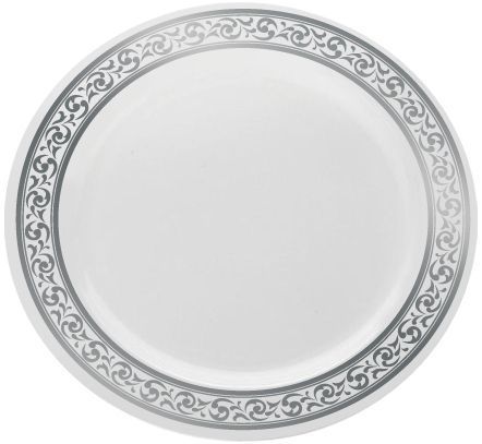 Elegant Disposable Plastic White With Silver Brimmed 7" Salad Plate  - Posh Party  Supplies