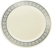 Elegant Disposable Plastic Ivory With Silver Brimmed 9" Dinner Plate  - Posh Party  Supplies
