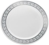 Elegant Disposable Plastic White With Silver Brimmed 10.25" Dinner Plate  - Posh Party  Supplies