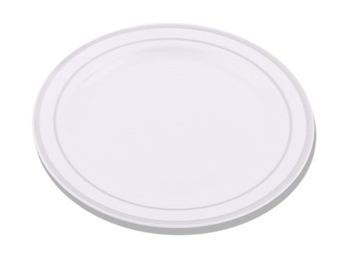 Elegant White 7" Round Plastic Plates with Silver Rim - Posh Party Supplies