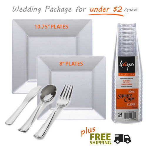 Square Clear Plastic Tableware by Kaya Collection - Grand Wedding Package for 120