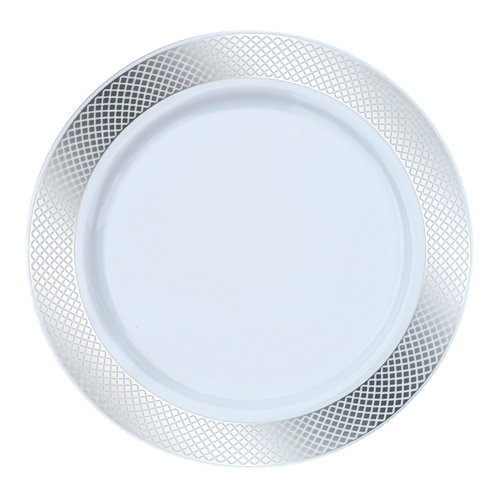 Elegant White Plastic 10.25" Plate with Silver Design - Posh Party Supplies