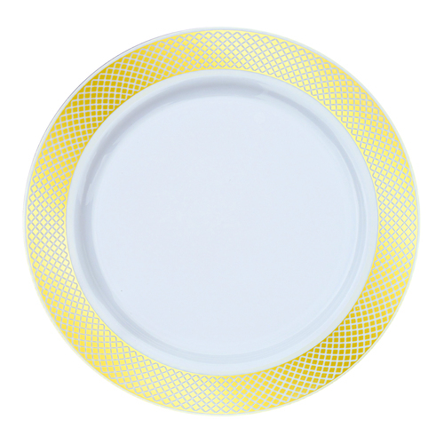 Fancy Discounted White with Gold Designed  Rim 9 " Dinner Plate - Posh Party Supplies