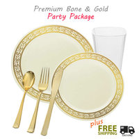 Premium ivory plastic plates with gold rim - wedding package