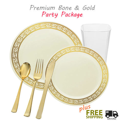Premium ivory plastic plates with gold rim - wedding package