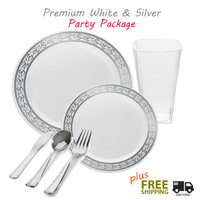 Premium Silver & White Value Party Package - Dinner Package for 120  - Posh Party Supplies