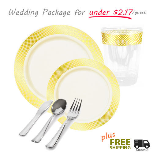 Ivory plates with gold rim party package for 60 guests