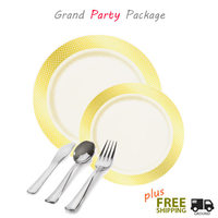 Ivory plates with gold rim value party package for 60 guests