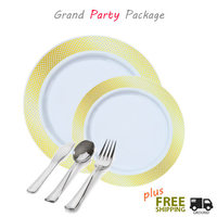 White plates with gold rim value party package for 120 guests