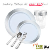 White plates with silver rim party package