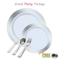 White plates with silver rim value party package for 60