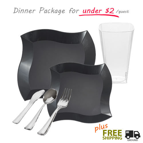 Kaya Collection Wave Black Plastic Wedding Packages with Extra Large Plates