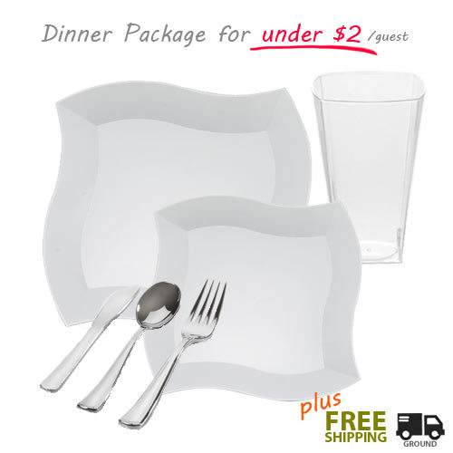 Wave collection white Plastic dinner package for 120 Settings  - Posh Party Supplies 