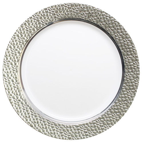 Hammered Effect - Elegant Clear Plastic 9 " Dinner Plate with Hammered Silver Trim