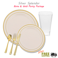 Bone plates with Gold rim party package with metallic gold cutlery