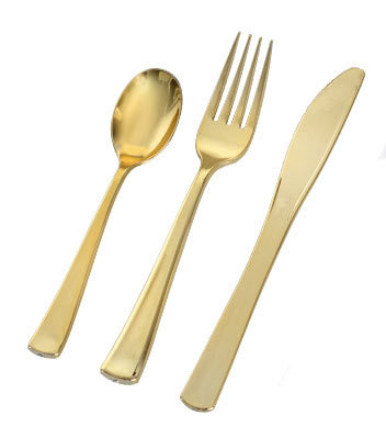 Disposable Shiny Gold Plastic Spoons, Forks and Knives - Posh Party Supplies 