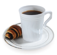 10 6" plates & 12 coffee mugs - disposable white with silver rim