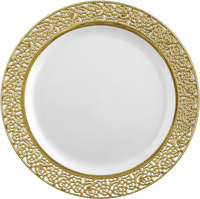 Elegant White Plastic 10.25" Dinner Plate with Gold Lace Trim - Posh Party Supplies