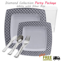 White plates with silver rim party package - diamond collection