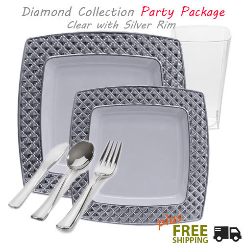 Clear plates with silver rim party package - diamond collection