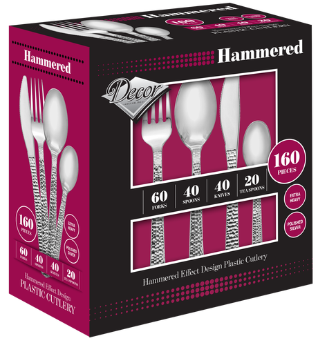 Elegant Plastic Hammered Effect Design Silver Cutlery - Posh Party Supplies 