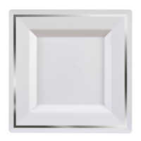 Square 9.5" white with silver rim Plastic Dinner Plates