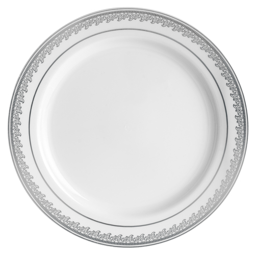Elegant Prestige Plastic Plate 9'' White And Silver 9" Dinner Plate - Posh Party  Supplies