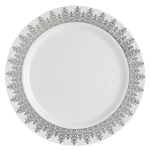 Elegant Ornament Plastic White With Silver Brimmed 7" Salad Plate - Posh Party  Supplies