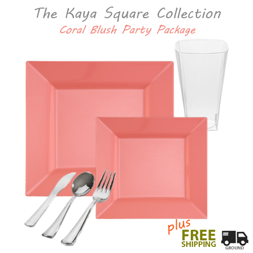 Square Coral Tableware Wedding Package - Posh Party Supplies